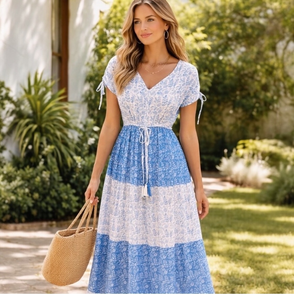 World Market Blue White Floral Maxi Dress NWT Boho S/M